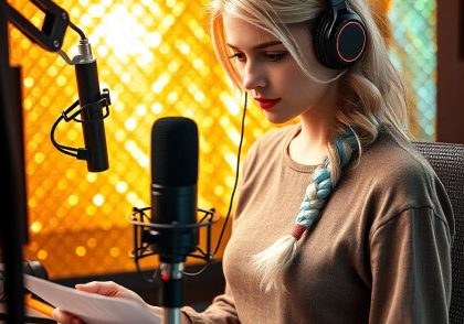 Blonde girl speaking into a microphone in a recording studio