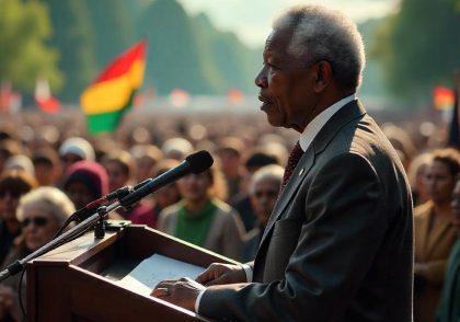 Nelson Mandela in a black suit delivering a speech at a podium, facing a crowd in an open space.